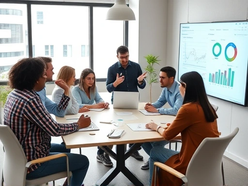 A diverse team collaborating around a table, discussing performance metrics and strategy in a modern, brightly lit office environment. Focus on teamwork and clear communication. HR software interface visible on a screen.