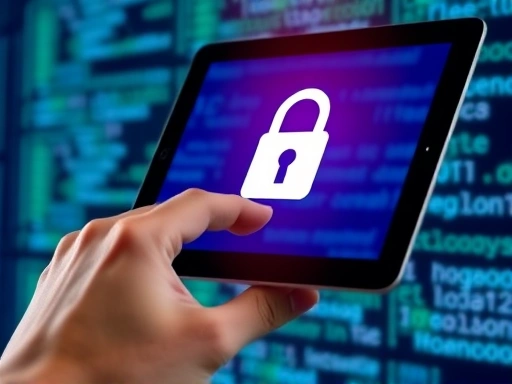A close-up shot of a hand interacting with a tablet displaying a padlock icon over a blurred background of data code, symbolizing personal information encryption and secure access control, focusing on digital security measures.