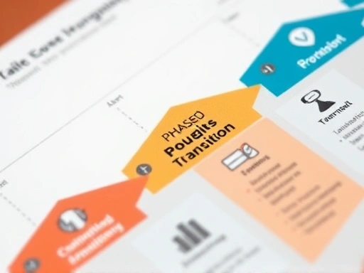 A close-up infographic illustrating a step-by-step phased agile transition roadmap with arrows and icons, emphasizing continuous improvement and organizational change.