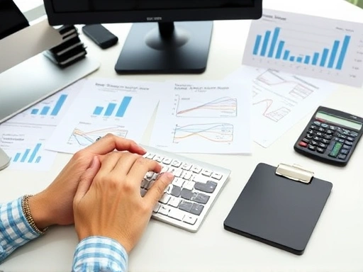A close-up shot of hands on a keyboard, with various pricing strategy diagrams and a calculator on the desk, illustrating the practical application of pricing strategies in a modern office.