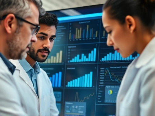 Close-up shot of a team reviewing quality performance metrics on a dashboard, emphasizing data analysis and continuous improvement in a quality assurance lab.