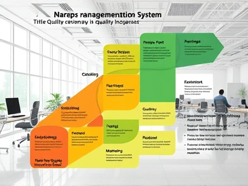 A detailed infographic showing a roadmap for quality management system implementation, with distinct stages, tools, and successful outcomes, in a modern office setting.