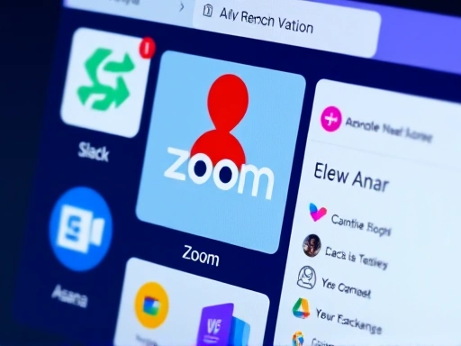 A close-up shot of a computer screen displaying various remote work communication tools like Slack, Zoom, and Asana, illustrating the technology crucial for remote organization management.