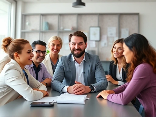 A diverse team of professionals collaboratively working on a virtual meeting, with a focus on a charismatic leader in the center, demonstrating effective remote organization management strategies.