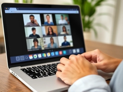 A close-up of a person's hands typing on a laptop with a virtual meeting interface on screen, illustrating effective remote communication and focus on work-life balance.