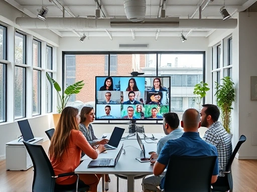 A vibrant, modern office setting with a diverse team collaborating seamlessly through video conferencing and digital tools, emphasizing connectivity and productivity in a remote work environment.