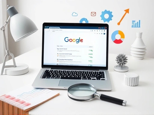 A clean, modern desk with a laptop displaying a Google search results page, a magnifying glass, and various SEO related icons (gears, links, charts) symbolizing search engine optimization fundamentals. Bright, professional lighting.