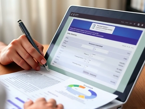A close-up image of a person reviewing a detailed financial document or application form, with a laptop showing a government support portal, emphasizing precision and detailed planning, with keywords like 