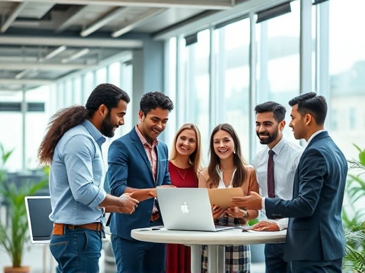A vibrant image showing diverse small and medium business owners collaborating in a modern office environment, symbolizing growth and government support, with keywords like 