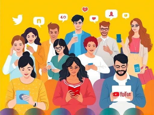 A diverse group of people engaging with various social media platforms on their phones and laptops, illustrating successful digital marketing strategies for customer acquisition. Focus on vibrant, modern visuals with subtle branding elements.