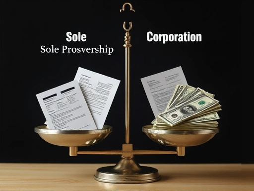 A side-by-side comparison illustrating key differences between a sole proprietorship and a corporation, with two distinct sections on a balanced scale, featuring business documents and money. Focus on clarity and decision-making.