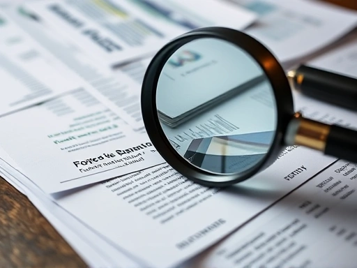 A close-up shot of a magnifying glass over stacked legal documents and financial statements, symbolizing detailed analysis of business structures and their financial implications. Emphasize data and decision-making.