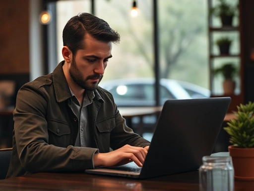A determined solo entrepreneur focused on a laptop in a quiet, cozy cafe, surrounded by an inspiring atmosphere, symbolizing independence, self-reliance, and deep concentration, with a close-up on their focused expression and hands on the keyboard.