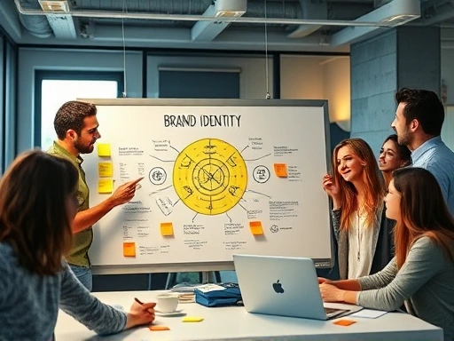 An energetic, diverse group of startup founders brainstorming and drawing a brand identity map on a whiteboard, surrounded by sticky notes and laptops, showing collaboration and innovation in a modern office. Dynamic lighting, wide shot.