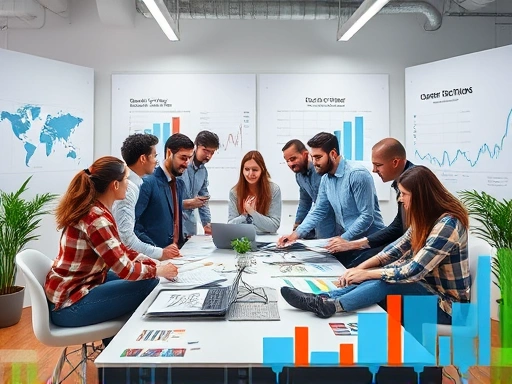 A dynamic image of diverse people collaborating in a modern startup office, surrounded by charts and financial graphs, symbolizing strategic capital management.