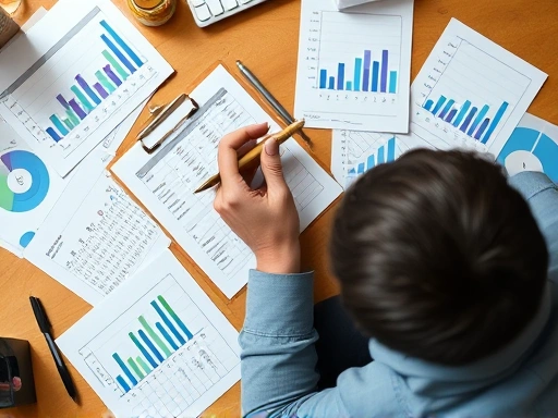 A detailed top-down view of a startup founder meticulously managing cash flow using a spreadsheet, with graphs and financial documents on the desk. Focus on organized financial management, showing clear, actionable steps for a small business environment.