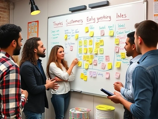 A diverse group of startup founders and early customers collaborating actively, brainstorming ideas on a whiteboard, surrounded by sticky notes and a dynamic, innovative atmosphere. Focus on engagement and shared excitement for early growth.