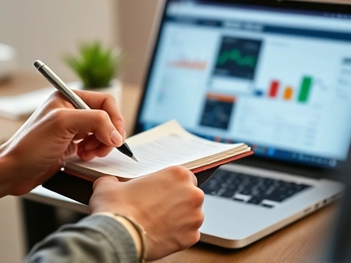 A close-up shot of hands holding a notebook and pen, taking diligent notes during a customer interview, with a blurred background showing a laptop displaying social media analytics, emphasizing the detailed and analytical process of understanding early customers and refining acquisition strategies.
