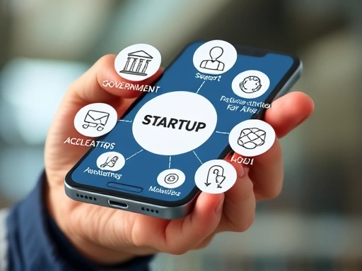 A close-up view of a hand holding a smartphone, showcasing various icons representing government support, venture capital, and accelerators within the startup ecosystem, emphasizing startup growth and resources.