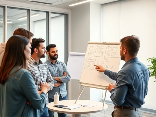 A modern, bright office setting where a diverse group of aspiring entrepreneurs are intently listening to a mentor who is pointing at a whiteboard with graphs and business models, reflecting the selection of a startup education program. Keywords: startup education, entrepreneurship, business planning, learning environment.