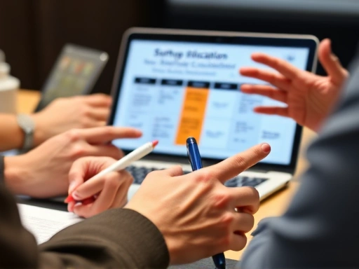 A close-up shot of hands actively taking notes during a startup education workshop, with a laptop showing a business model canvas and a mentor's hand gesturing in the background, symbolizing the active utilization of program knowledge. Keywords: startup workshop, business strategy, active learning, mentoring session.