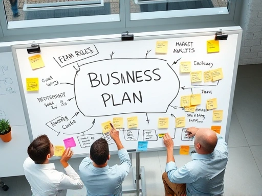 A detailed, professional illustration of a business plan being sketched out on a whiteboard, surrounded by various sticky notes representing market analysis, financial planning, and team roles, with a diverse group of people discussing ideas in a modern office environment, symbolizing the creation of a startup execution plan. High-angle view, bright lighting, infographic style.