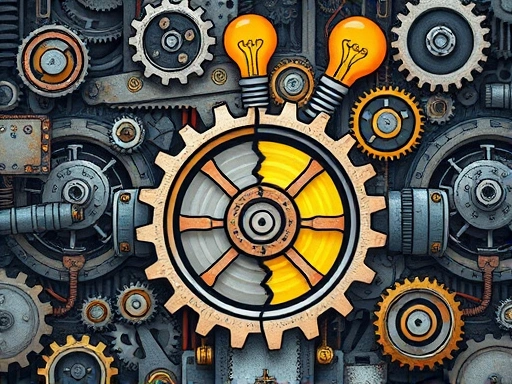 A detailed illustration of a broken cogwheel amidst a complex machinery of a startup, symbolizing common failure points, with a light bulb of a new idea emerging above, focusing on the concepts of failure analysis and learning from mistakes. Keywords: startup failure, business lessons, innovation.