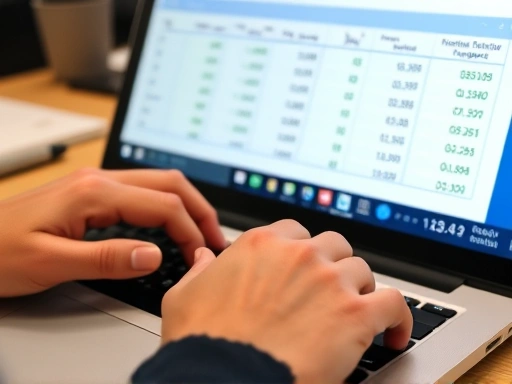Close-up of hands typing on a laptop keyboard, with a financial accounting software interface visible on the screen. Detailed focus on the software's UI elements like numbers, categories, and data entry for efficient bookkeeping.