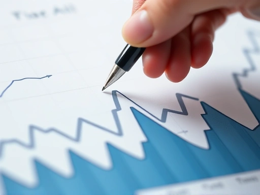Close-up on a financial graph showing downturns and upturns, with a hand holding a pen pointing to a specific data point, symbolizing financial planning and risk mitigation in a startup context.