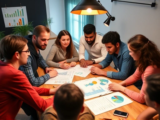 A diverse group of startup founders gathered around a table, intensely discussing financial plans, surrounded by charts and spreadsheets, representing careful budgeting and strategic financial planning for a startup in its early stages. Vibrant and focused atmosphere.