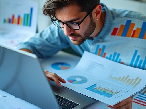 A close-up of a startup founder intently analyzing data on a laptop, surrounded by strategic planning documents and charts, illustrating focused business planning and market research.