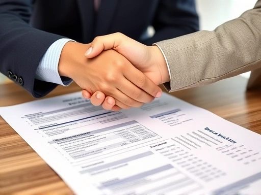A close-up shot of a handshake between a startup founder and a bank representative, with a detailed business plan document on the table, emphasizing partnership and the meticulous process of securing a loan, highlighting the intersection of entrepreneurship and banking. Use keywords: loan application, business plan, financial partnership, startup success.