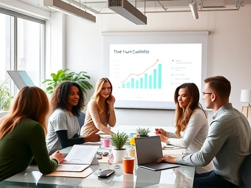 A dynamic scene of a diverse startup team presenting their innovative business plan to a group of venture capitalists in a modern, brightly lit office, emphasizing collaboration and future growth, with charts and screens in the background, showing fundraising efforts.