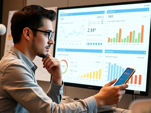 An aspiring entrepreneur thoughtfully analyzing market data and customer feedback on a digital dashboard, surrounded by lean startup tools and financial charts, conveying innovation and meticulous planning.