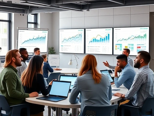A diverse group of entrepreneurs collaborating in a modern co-working space, with charts and graphs on screens, representing industry analysis and strategic planning in a dynamic setting. The scene conveys innovation and teamwork.