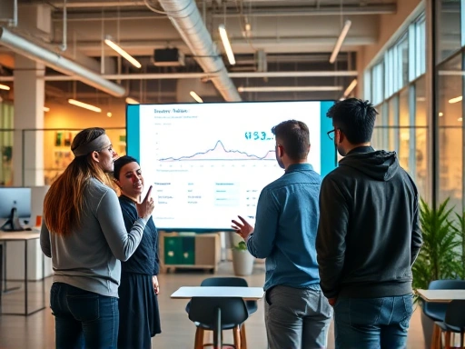 A diverse group of startup founders in a modern, collaborative office space, intensely discussing a business plan on a large screen, reflecting innovation and teamwork for investment, with vibrant lighting and contemporary architecture.