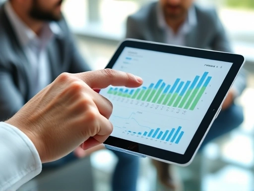 Close-up of a startup founder's hand pointing at a detailed financial graph on a tablet during a pitch meeting, with blurred investors in the background, symbolizing clear data presentation and strategic discussion.