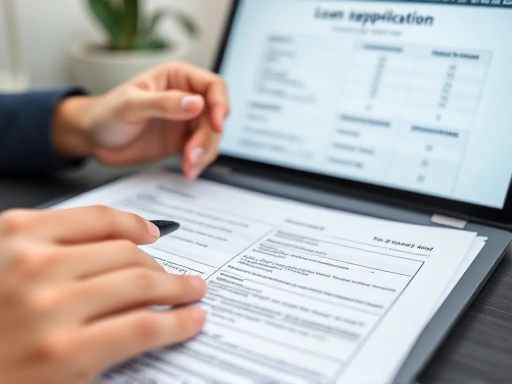 Close-up on a person's hands holding a pen, pointing at a section of a complex financial document or a business plan, with a laptop showing a loan application form in the background, illustrating the detailed process of preparing for a startup loan.