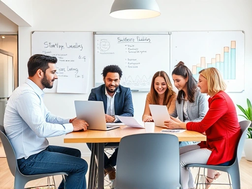 A diverse group of entrepreneurs, men and women of different ages and ethnicities, sitting around a table in a modern co-working space, discussing documents and laptops, with graphs on a whiteboard in the background, representing startup loan applications and business planning, bright and collaborative atmosphere.