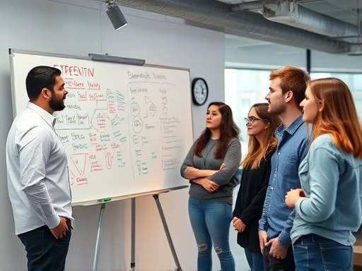 A focused image of a diverse group of entrepreneurs and a seasoned mentor engaged in a lively discussion, with a whiteboard full of ideas in a modern startup office setting, emphasizing collaboration and mentorship.