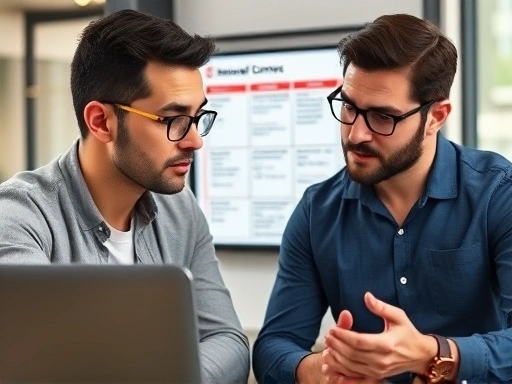 A close-up shot of a startup founder listening intently to a mentor, with the mentor gesturing towards a laptop screen showing a business model canvas, highlighting personalized guidance and problem-solving.