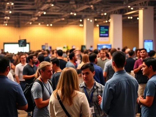 A diverse group of startup founders and investors networking at a vibrant tech conference, with bright lights and a sense of connection, focusing on networking and startup ecosystem.