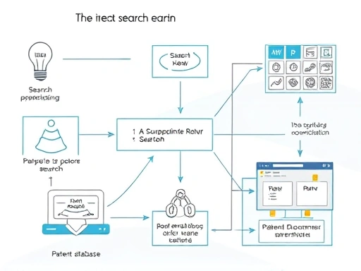 A detailed illustration of a flowchart showing the steps of patent search and analysis for a startup, with keywords like