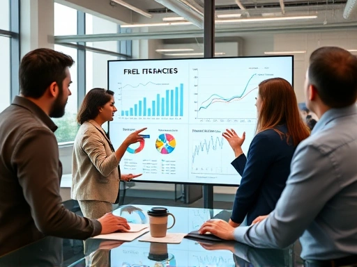A diverse group of entrepreneurs analyzing financial charts and diagrams on a large screen, collaborative, modern office, focused, innovation, data visualization, business planning, a mix of men and women of different ethnicities.