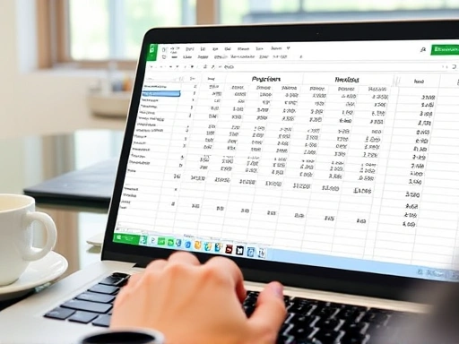 Close-up on a laptop screen showing a detailed Excel spreadsheet with financial projections, graphs, and numbers, hands typing on keyboard, coffee cup, modern workspace, financial modeling, data analysis, profitability, business simulation.