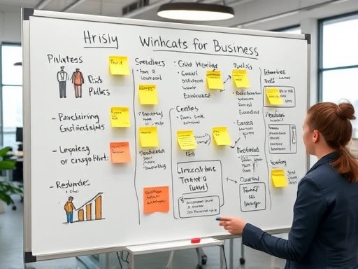 A detailed checklist of various risk factors for new business ventures, presented on a whiteboard with sticky notes and flowcharts, in a modern office setting, emphasizing strategic planning and foresight.