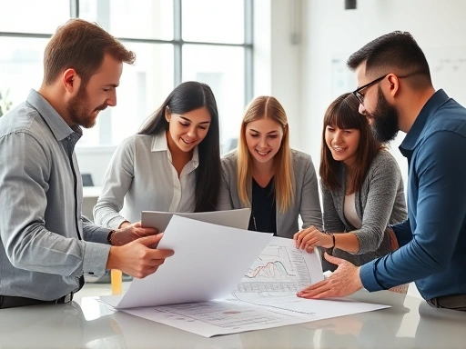 A diverse group of entrepreneurs collaborating on a business plan, in a modern, collaborative office setting, illustrating teamwork and strategic planning, with charts and graphs visible in the background, bright and optimistic lighting.
