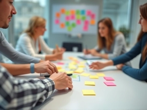 Close-up view of a startup team collaborating around a table, actively communicating and sharing ideas on a whiteboard with sticky notes, symbolizing effective communication and strategy building. Focus on hands and collaborative tools.