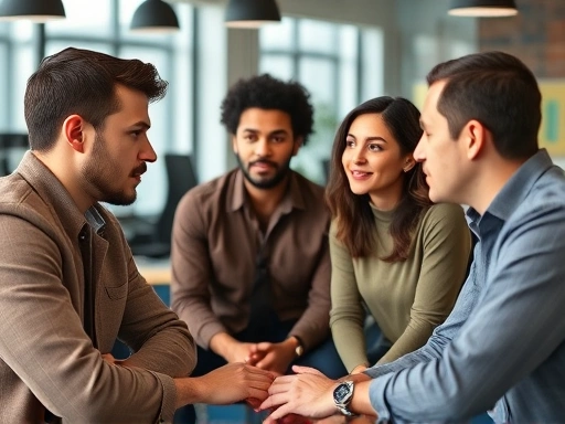 A diverse startup team engaging in a serious but constructive discussion, with one team member actively listening to another, showing mutual respect and understanding during a conflict resolution session in a modern office. Focus on diverse team members with varied expressions.
