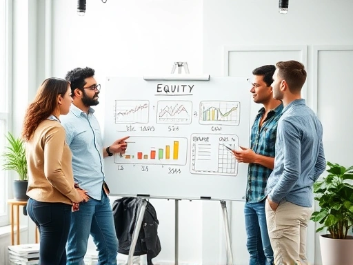 A diverse startup team discussing equity distribution around a whiteboard, with charts and numbers, showing collaboration and agreement in a modern office. Keywords: startup, team, equity, distribution, discussion, whiteboard, collaboration, modern office.